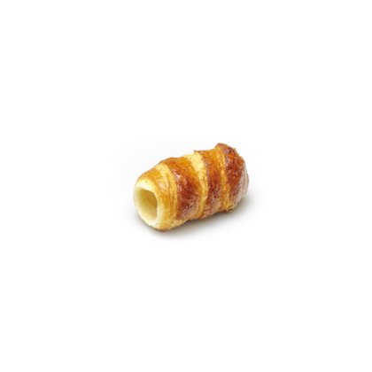 Cornetto di pasta sfoglia dorato con centro vuoto, isolato su sfondo bianco.