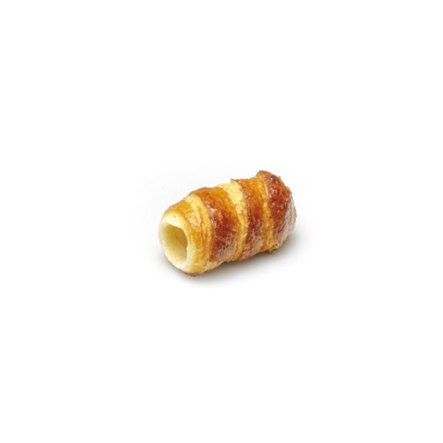 Cornetto di pasta sfoglia dorato con centro vuoto, isolato su sfondo bianco.