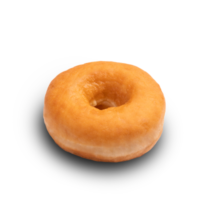 Ciambella glassata semplice con foro centrale, su sfondo bianco.