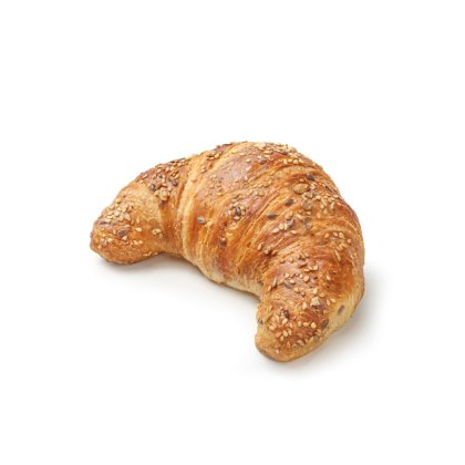 Croissant dorato a mezzaluna con semi misti su sfondo bianco.