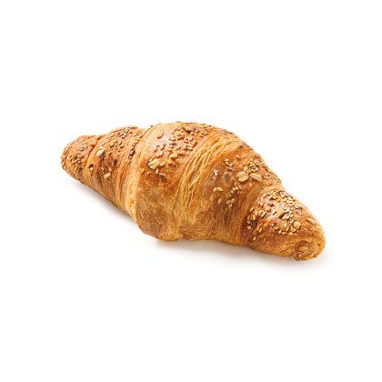 Croissant multicereali dorato con semi e fiocchi d'avena, su sfondo bianco.