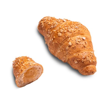 Croissant integrale con fiocchi d'avena, accanto a una fetta con ripieno di albicocca in vista.