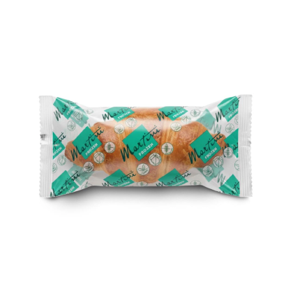 Croissant in involucro di plastica trasparente con motivo ripetuto del logo "Martini Frozen" turchese