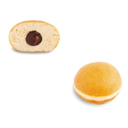 Ciambella dorata ripiena, intera e tagliata a metà per mostrare il ripieno al cioccolato