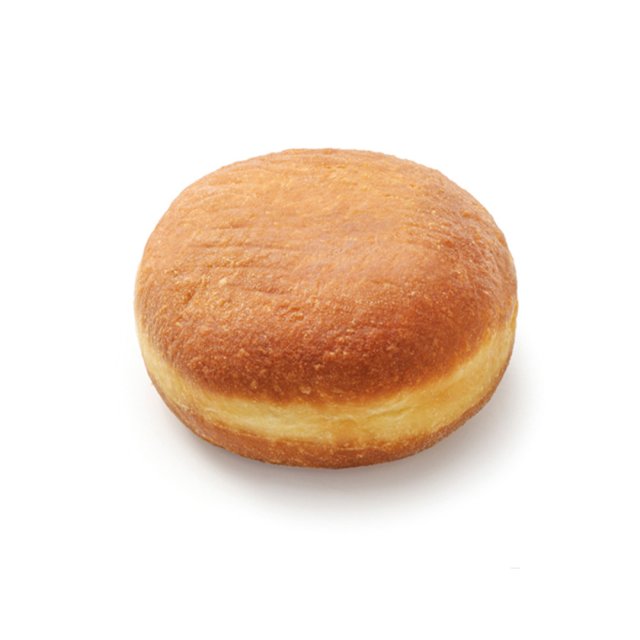 Bombolone rotondo dorato ripieno, senza foro, non glassato, su sfondo bianco