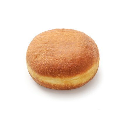 Bombolone rotondo dorato ripieno, senza foro, non glassato, su sfondo bianco