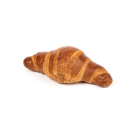Croissant dorato dalla forma curva, su sfondo bianco.