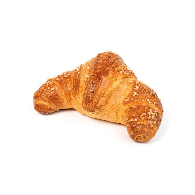 Croissant dorato con granella di zucchero croccante, forma curva, su sfondo bianco