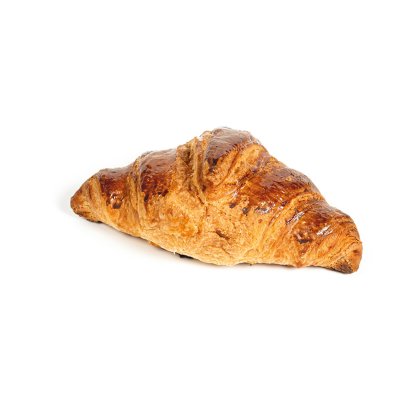 Croissant cotto dorato con crosta lucida e friabile su sfondo bianco.