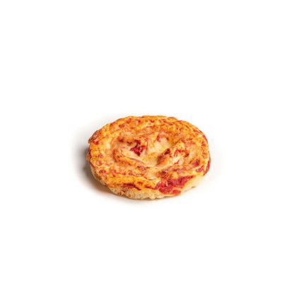 Mini pizza rotonda con formaggio fuso e salsa di pomodoro, bordi dorati, su sfondo bianco.