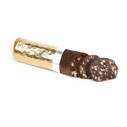 Dolce a forma di salame al cioccolato, parzialmente avvolto in carta dorata, con fette che mostrano l'interno screziato.