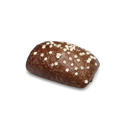 Piccolo plumcake di pan di zenzero glassato con codette bianche a forma di stella, su sfondo bianco