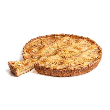 Crostata rotonda di mele con crosta dorata, tagliata a porzioni, con una fetta estratta e ripieno cremoso.