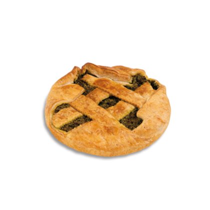 Crostata rotonda con copertura a grata dorata e ripieno verde scuro, isolata su sfondo bianco.