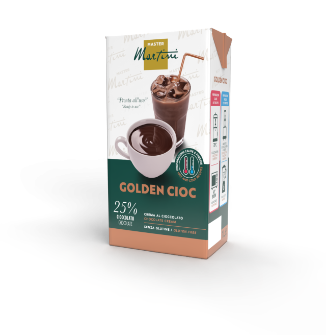 Confezione Master Martini Golden Cioc, crema al cioccolato 25%, senza glutine, pronta per bevande calde e fredde.