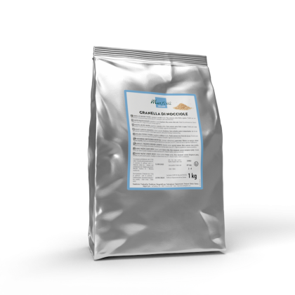 Sacchetto argentato da 1kg di Granella di Nocciole Martini con etichetta blu, su sfondo bianco.