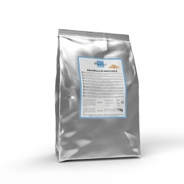 Sacchetto argentato da 1kg di Granella di Nocciole Martini con etichetta blu, su sfondo bianco.