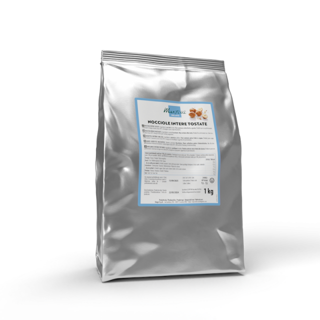 Busta stand-up argentata da 1 kg di nocciole intere tostate Martori con etichetta azzurra.