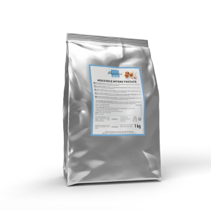 Busta stand-up argentata da 1 kg di nocciole intere tostate Martori con etichetta azzurra.