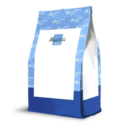 Sacchetto stand-up blu e bianco con logo "Martini Gelato" su etichetta bianca vuota, mockup prodotto.