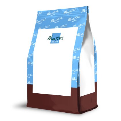 Mockup di busta stand-up blu e marrone con etichetta bianca vuota e logo "Martini Gelato"