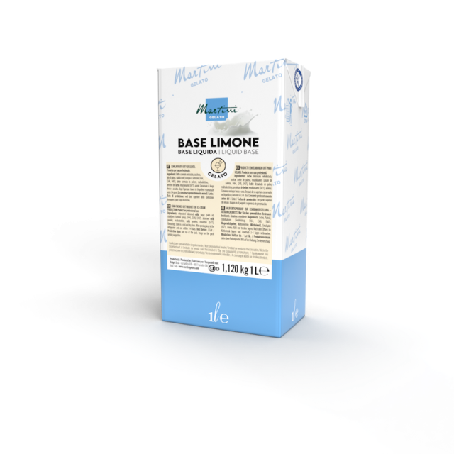 Confezione da 1 litro di Martini Gelato Base Limone, base liquida al limone, packaging bianco e blu con etichetta.