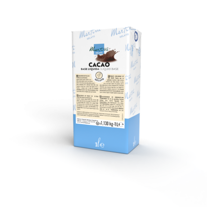 Confezione da 1 litro di base liquida Martini Gelato Cacao, packaging blu e bianco con schizzo di cioccolato.