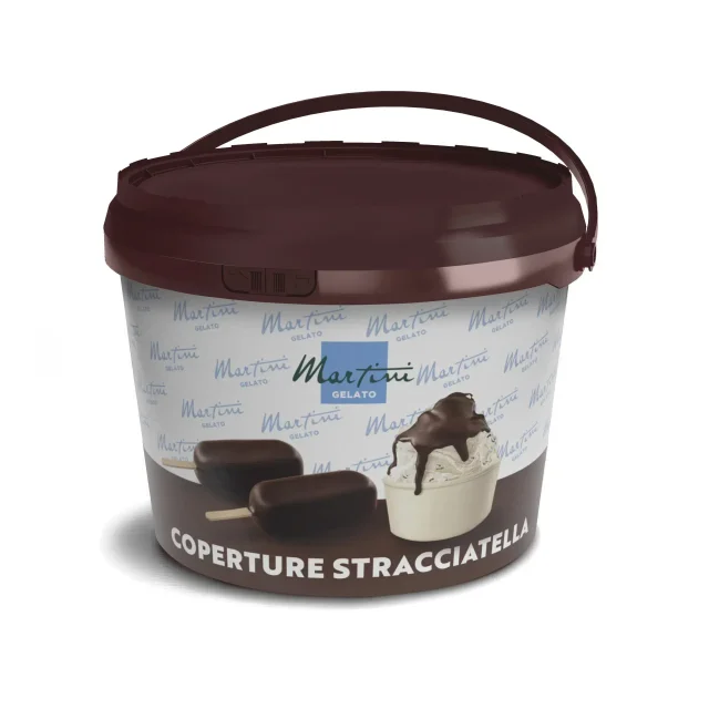 Secchio marrone di plastica di copertura cioccolato Martini Gelato con etichetta "Coperture Stracciatella", con barre...
