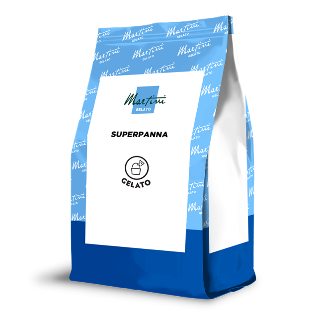 Busta stand-up blu e bianca con etichetta "Martini Gelato Superpanna" e icona di una pallina di gelato.