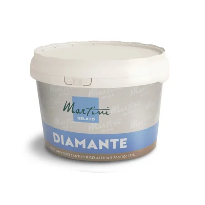 Vasetto bianco di pasta aromatizzante Martini Gelato Diamante per gelateria e pasticceria, etichetta grigia e blu.