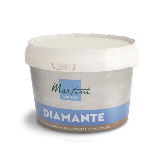 Vasetto bianco di pasta aromatizzante Martini Gelato Diamante per gelateria e pasticceria, etichetta grigia e blu.