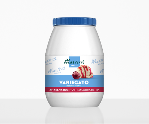 Vasetto bianco in plastica con coperchio blu, etichetta Martini Gelato Variegato Amarena Rubino, amarena rossa acida,...