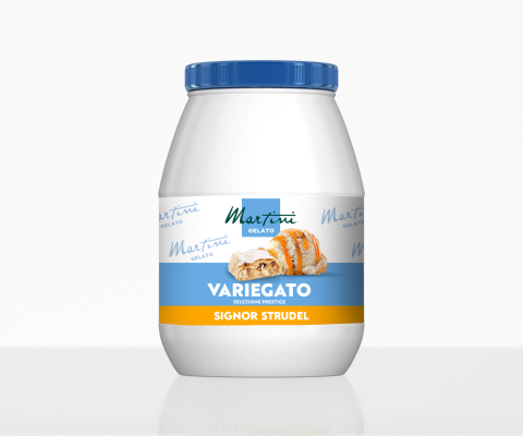 Barattolo bianco con coperchio blu, etichetta Martini Gelato Variegato Signor Strudel con immagine di dolce.
