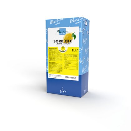 Cartone blu da 1L di sorbetto al limone Martini Gelato Sorb'Olè, etichetta gialla con limoni illustrati.