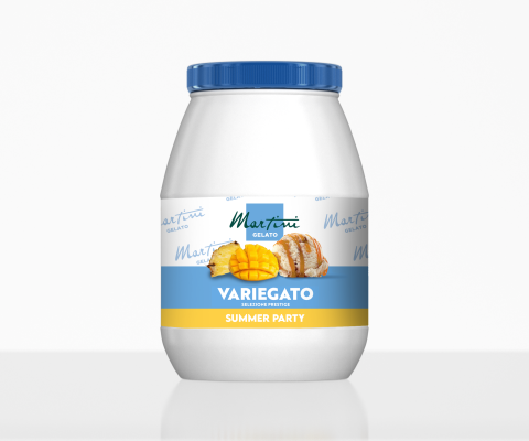 Vasetto bianco con coperchio blu "Martini Gelato Variegato Summer Party", con mango, ananas e cocco.