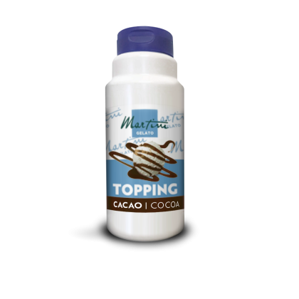 Bottiglia bianca di salsa topping al cacao Martini Gelato, tappo blu, etichetta con pallina di gelato.