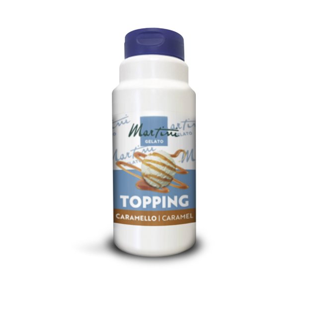 Bottiglia di plastica bianca Martini Gelato Caramello con topping al caramello e una pallina di gelato