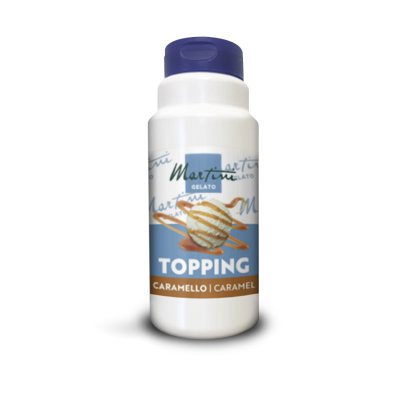 Bottiglia di plastica bianca Martini Gelato Caramello con topping al caramello e una pallina di gelato