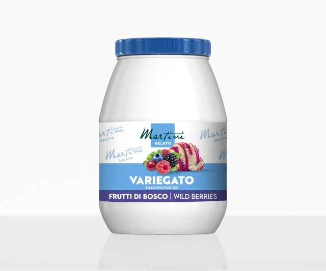 Barattolo bianco con coperchio blu, etichetta Martini Gelato Variegato Frutti di Bosco, frutti di bosco e gelato