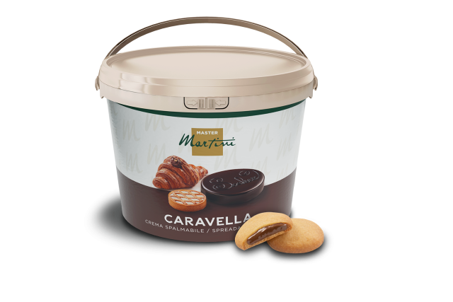 Secchiello di plastica bianca di crema spalmabile Master Martini Caravella, con immagini di croissant e biscotti