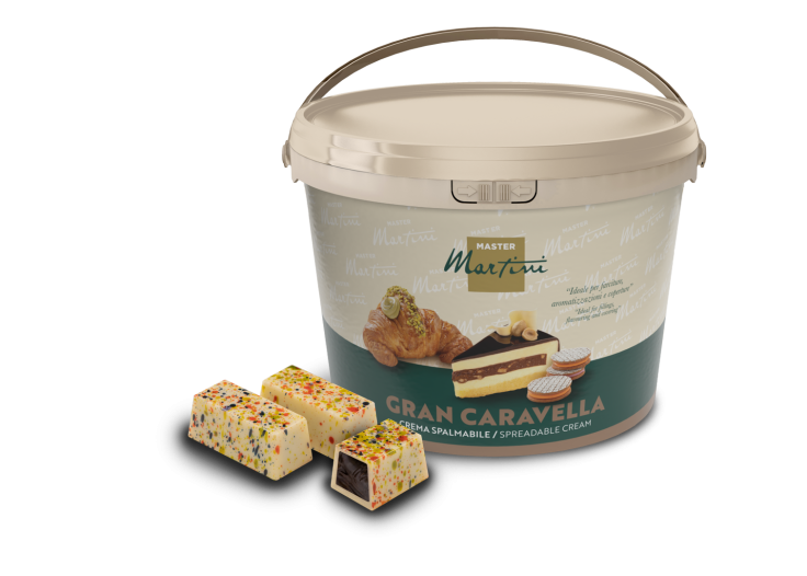 Secchiello Master Martini Gran Caravella con due barrette pralinate ricoperte di confetti e cioccolato