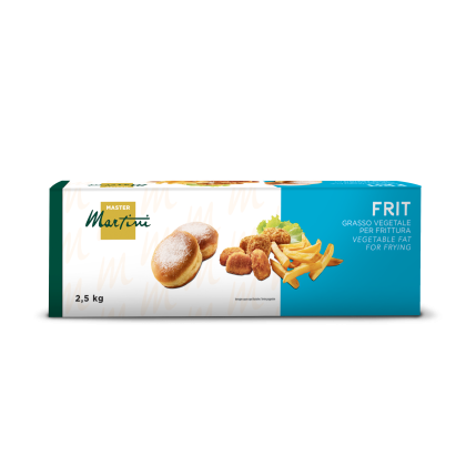 Confezione di grasso vegetale per friggere Master Martini FRIT, 2,5 kg, con ciambelle zuccherate, nuggets fritti e pa...