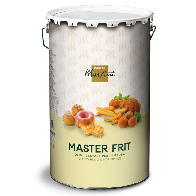 Latta metallica di olio di frittura Master Martini "Master Frit" con immagini di fritti su etichetta beige, 25L.
