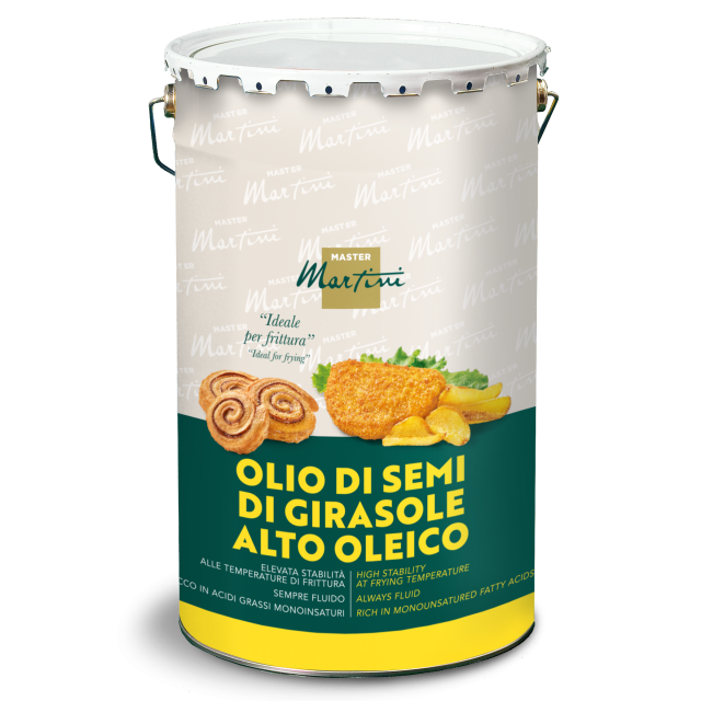 Latta di olio di semi di girasole alto oleico Master Martini, etichetta ideale per friggere, con immagini di fritti.