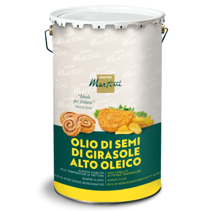 Latta di olio di semi di girasole alto oleico Master Martini, etichetta ideale per friggere, con immagini di fritti.