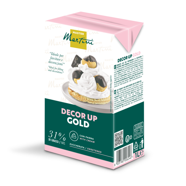 Cartone da 1L di panna montata zuccherata Master Martini Decor Up Gold, 31% grassi, con bignè.