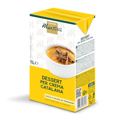 Confezione gialla da 1L di preparato Master Martini Crema Catalana, con crema caramellata e anice stellato