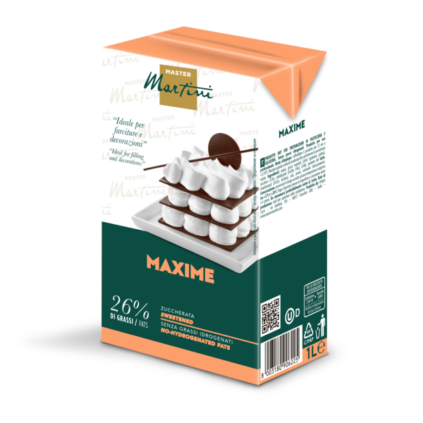 Cartone da 1L di panna zuccherata Master Martini Maxime, 26% grassi, con dessert a strati in etichetta.