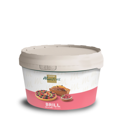 Secchiello di gelatina Master Martini Brill con immagini di crostate di frutta sull'etichetta