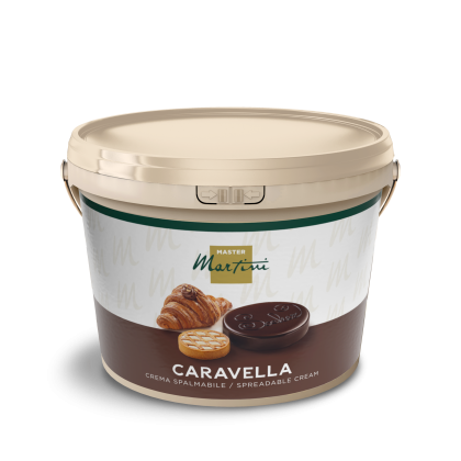 Secchiello beige di crema spalmabile Master Martini Caravella, con immagini di croissant, crostata e cioccolato.